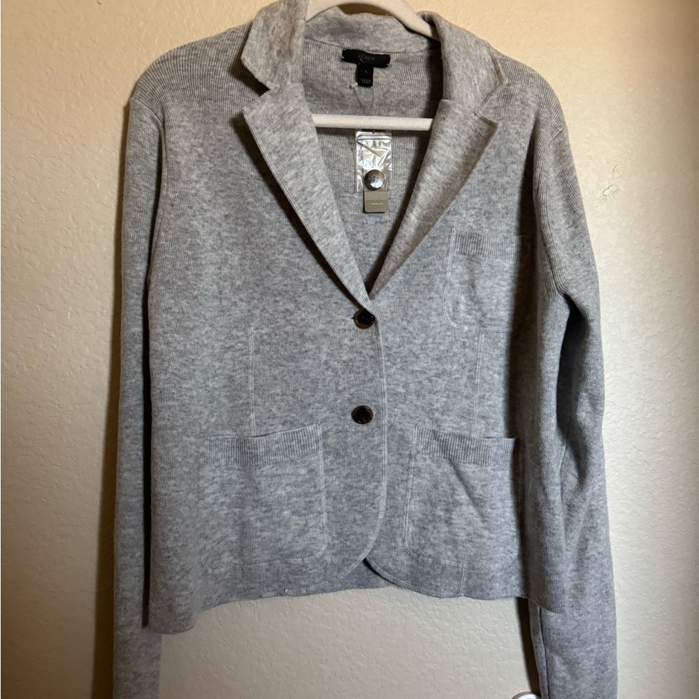 J. Crew Knit Blazer Cardigan Sweater Sz L in Grey Wool Blend NEW